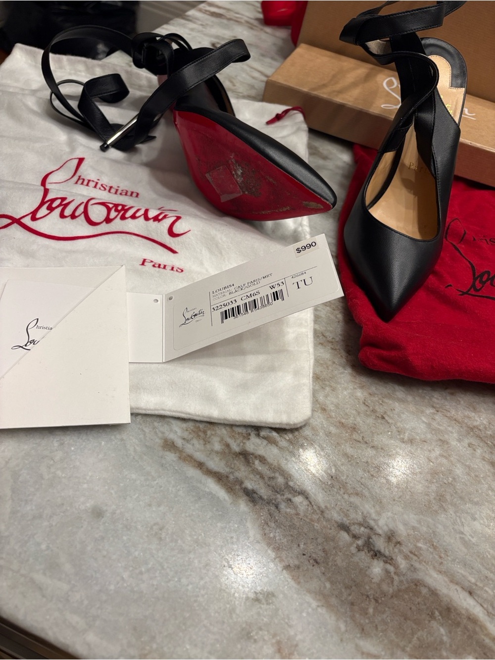 Christian Louboutin Black Leather Pointed-Toe Ankle Strap Pumps with Red Sole - Picture 3 of 4